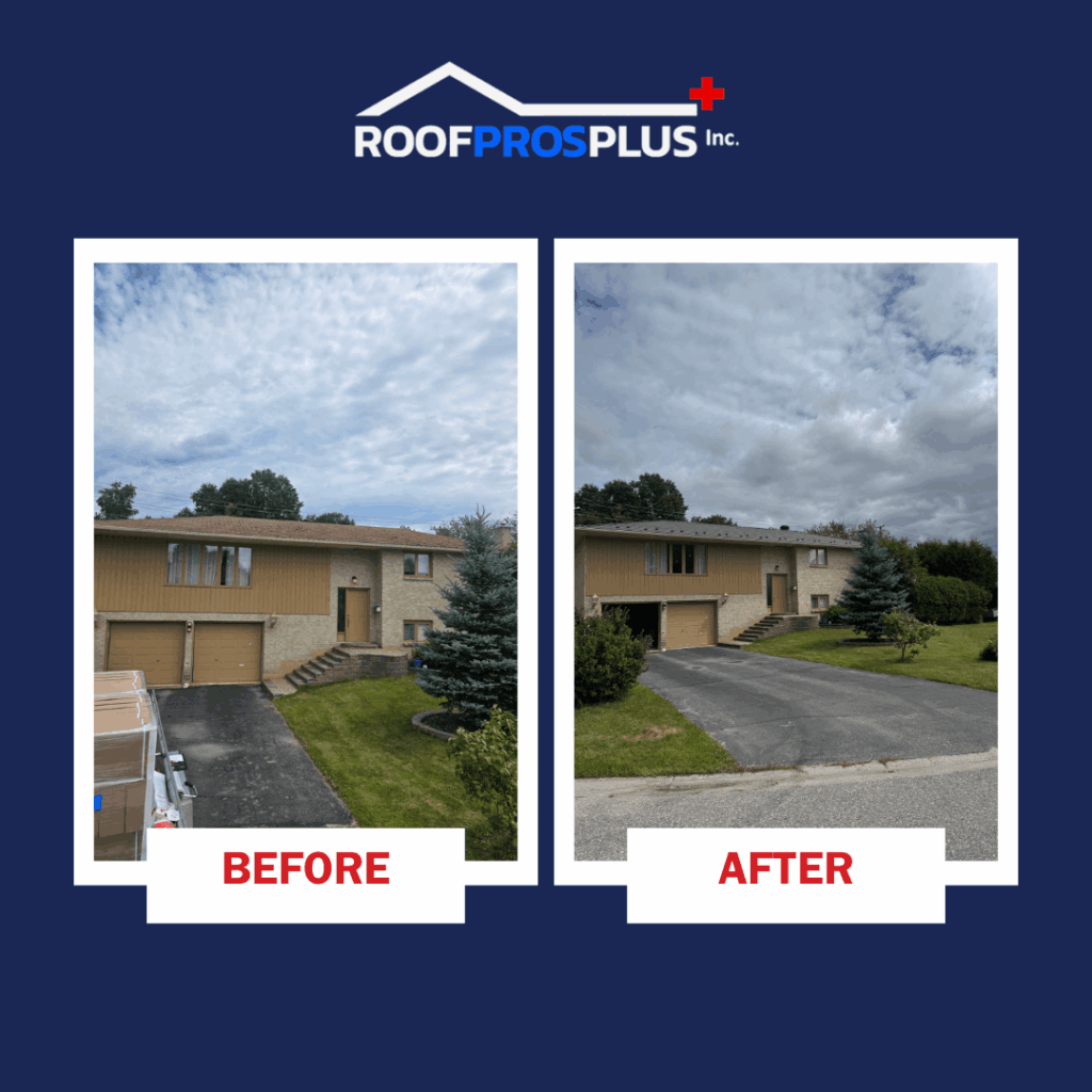 Side-by-side images of a house before and after a metal roof upgrade by Roof Pros Plus. Before: overcast sky, worn roof. After: new metal roof, brighter atmosphere.