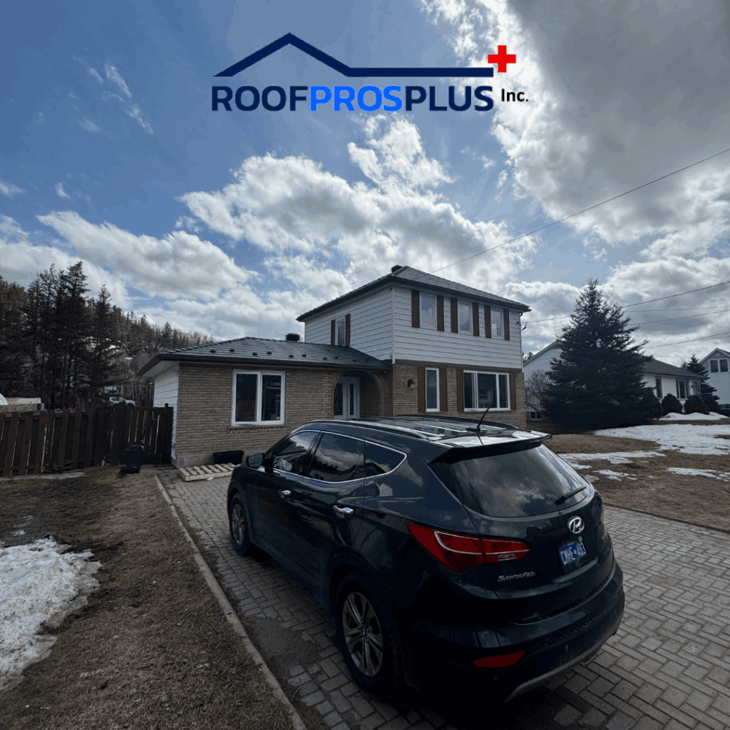 A two-story house with a newly roofed exterior sits under a cloudy sky, with a black SUV parked in the driveway. The "Roof Pros Plus" logo is at the top.