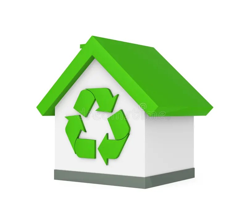 A graphic of a white house with a green roof and grey base, with the green recycle symbol in the centre.