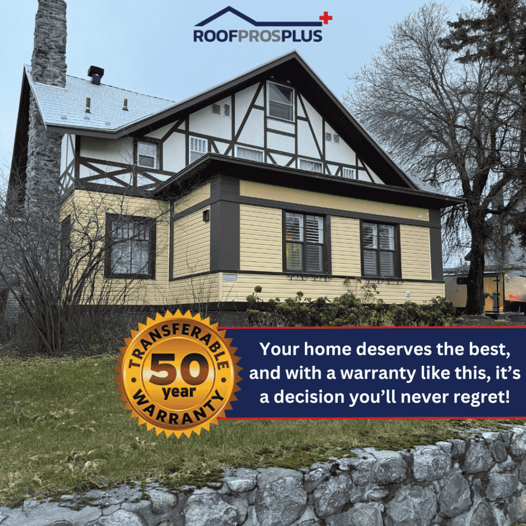 An image of a Tudor-style home with beige and brown siding, accented by a stone chimney and metal roof. The house is surrounded by a neatly maintained lawn and winter foliage. The 'Roof Pros Plus' logo is featured at the top, along with a gold badge reading '50 Year Transferable Warranty.' A text overlay at the bottom of the picture states, 'Your home deserves the best, and with a warranty like this, it’s a decision you’ll never regret!'