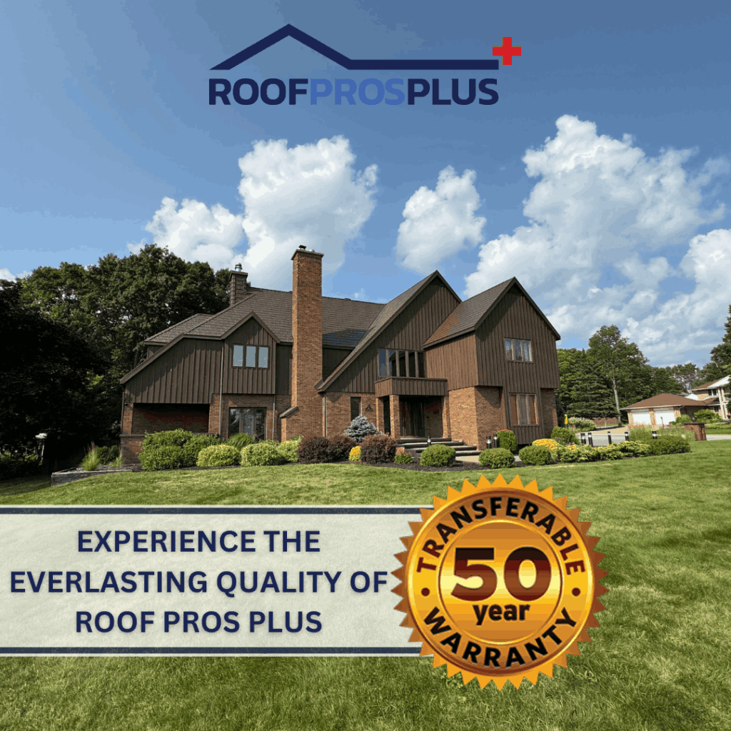 A large brick house with a dark metal roof under a blue sky with fluffy clouds. Text reads, "Experience the everlasting quality of Roof Pros Plus" with a "50 year transferable warranty" badge.