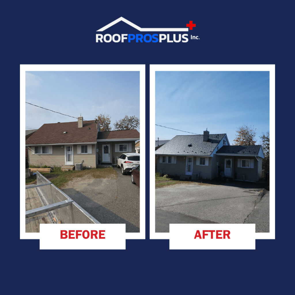 A side-by-side before and after picture of a house with new roofing installed by Roof Pros Plus.