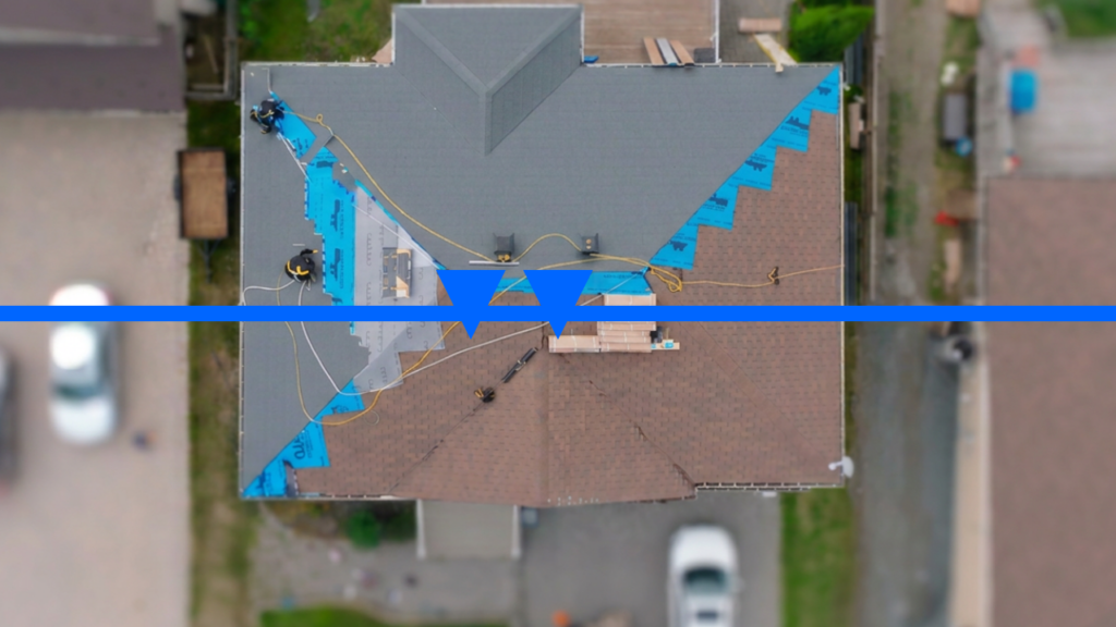 before and after birds eye view shot of asphalt vs. metal roof