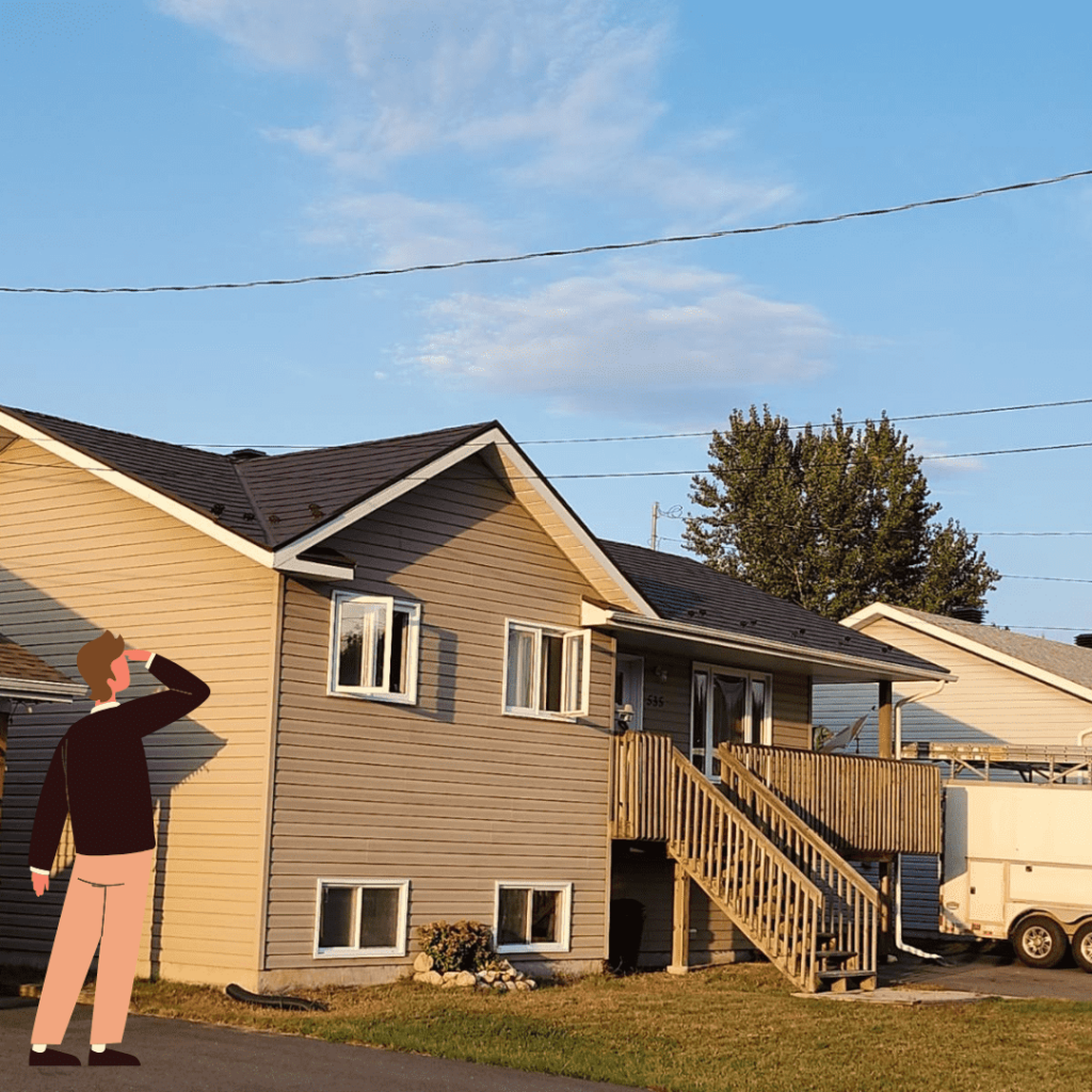 A picture of a house in a neighbourhood, with a cartoon image of a man on the bottom left of the image looking at the house while shielding his eyes from the sun.