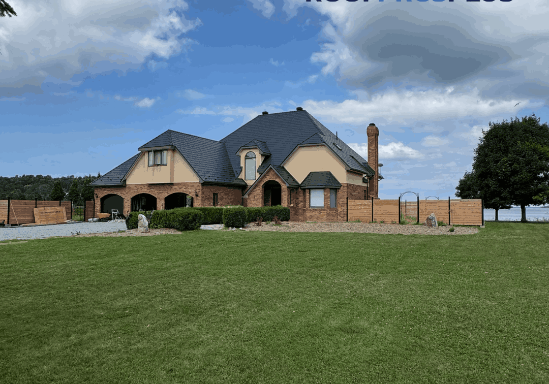 Large brick house with dark metal roof under a bright blue sky, surrounded by lush green lawn. The "Roof Pros Plus" logo is in the top right corner of the graphic.