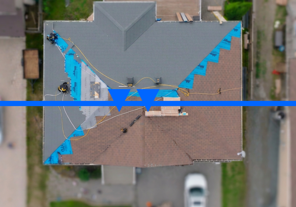 before and after birds eye view shot of asphalt vs. metal roof