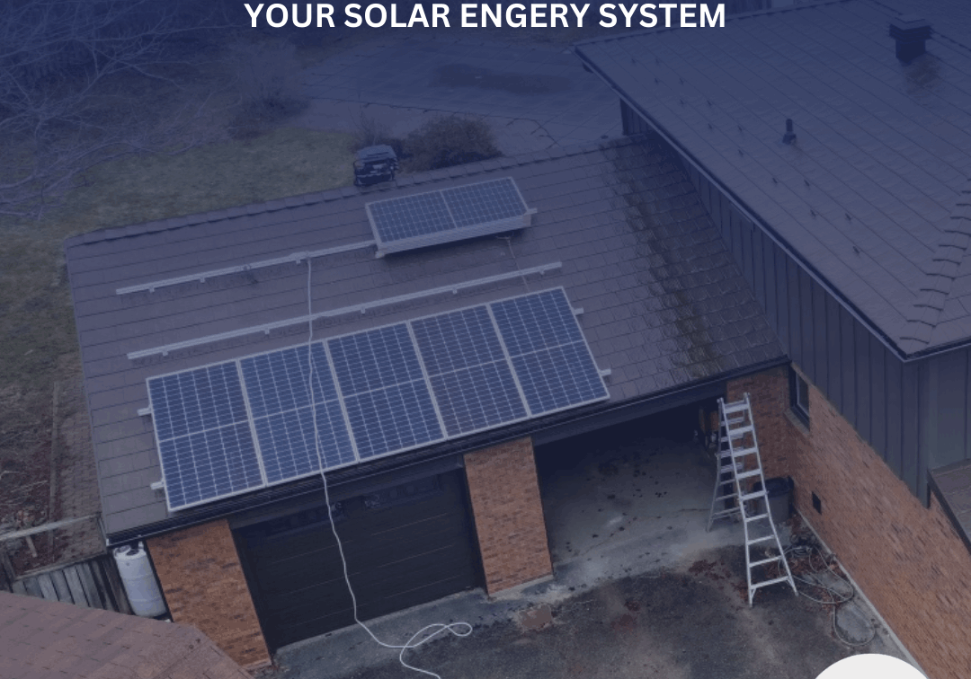 An aerial view of a house with solar panels on a brown metal roof. A ladder rests against the brick wall and text overlay promotes solar energy, with an RPP logo in the bottom right hand corner.