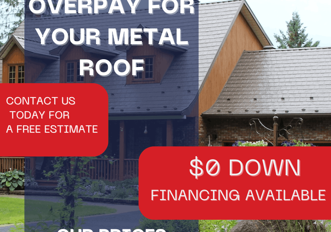 A house with a metal roof, surrounded by greenery, featuring text that highlights financing options.
