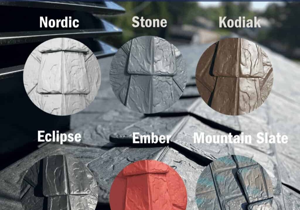 Various metal roof color options including Nordic, Stone, Kodiak, Eclipse, Ember, and Mountain Slate.