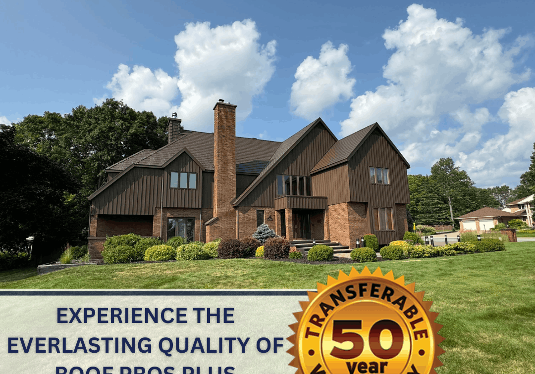 Large house with brown siding and brick chimney under a blue sky, featuring Roof Pros Plus branding and a “50 year transferable warranty” badge in the foreground.