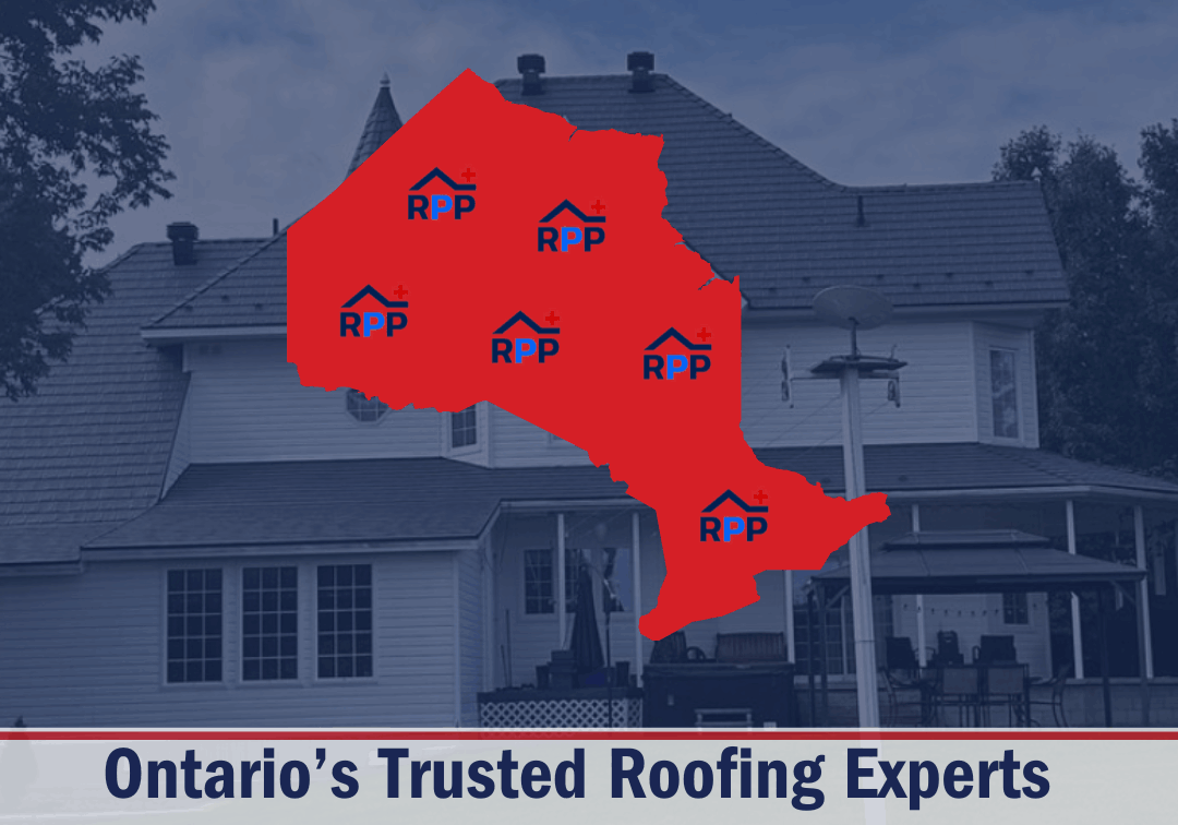 Red map of Ontario with "RPP" logos overlaid on a house background. Text below reads "Ontario’s Trusted Roofing Experts Everywhere You Need Us.
