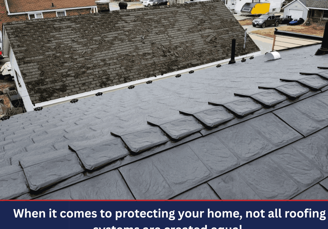 A sleek, dark-colored metal roof overlooking a residential neighborhood with cloudy skies. Text emphasizes visually appealing roofing options.