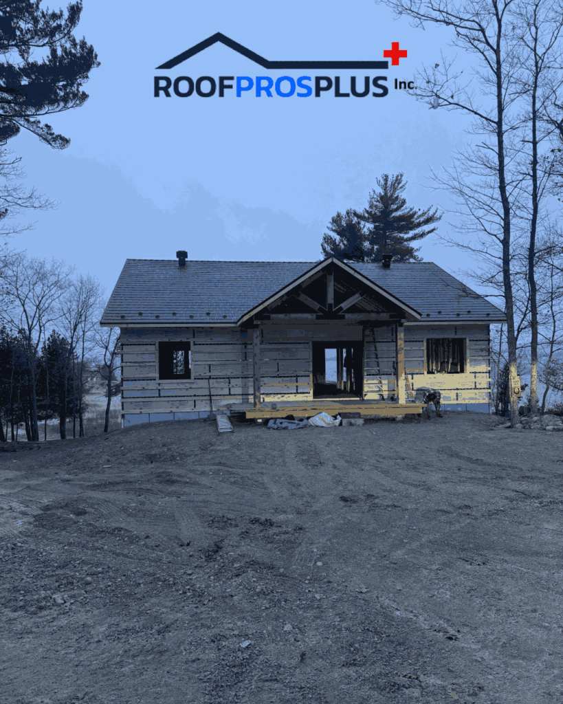 A partially constructed house stands on a dirt plot surrounded by trees and a newly installed metal roof. A logo above reads "RoofProsPlus Inc." 
