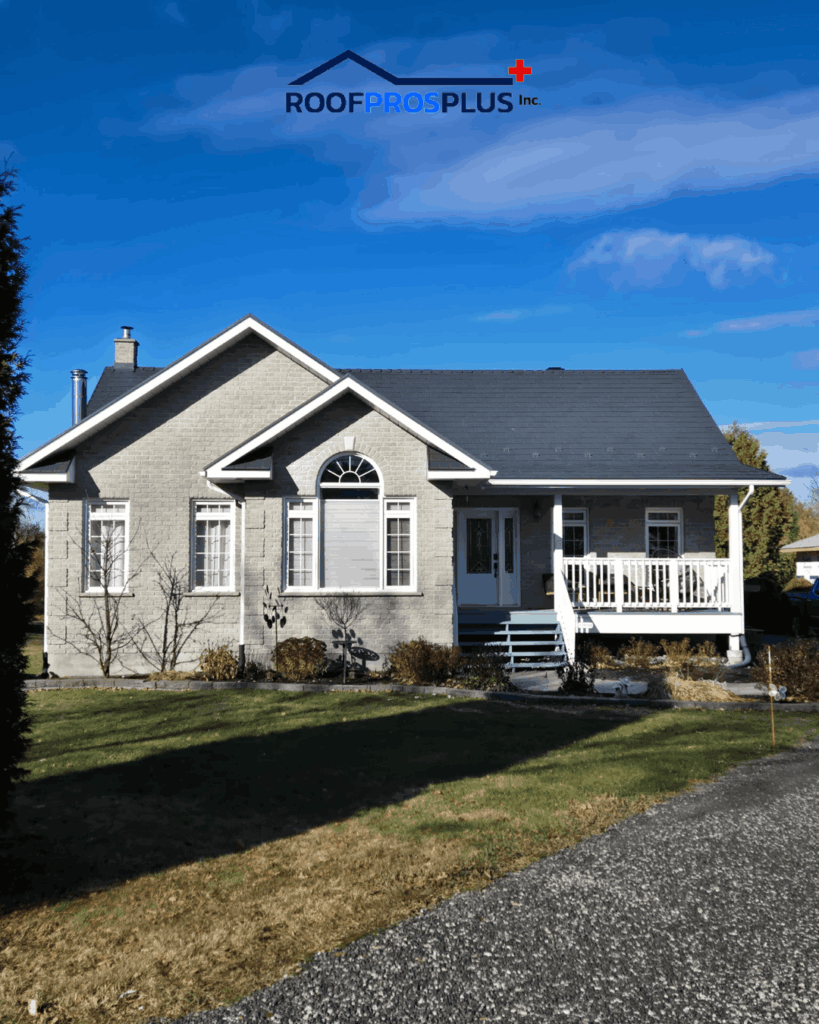 A cozy, light grey house with a dark metal roof and white trim, features a small porch and neat landscaping under a clear, blue sky. The Roof Pros Plus logo is at top.