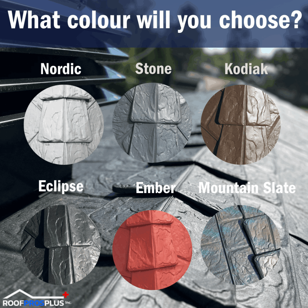 Six circular samples of textured roof tiles in various colours: Nordic (light grey), Stone (grey), Kodiak (brown), Eclipse (dark grey), Ember (red) and Mountain Slate (blue-green). The background shows a blurred roof. Text reads: "What colour will you choose?" The Roof Pros Plus logo is in the bottom left corner.