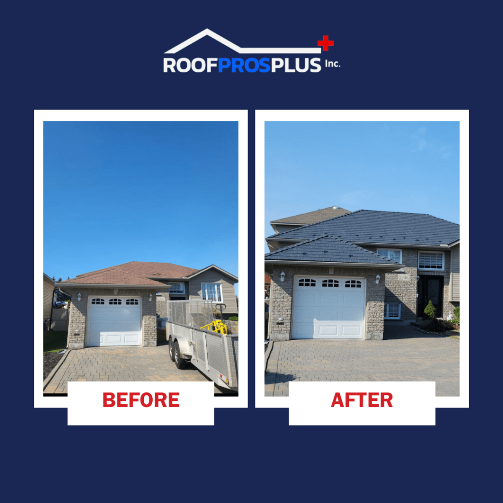 A comparison image showing a 'Before' and 'After' view of a residential home improvement project. The left photo showcases a house with a brown shingle roof, while the right photo highlights the same house with a sleek new black roof. Both images feature the same brick facade and garage, with the transformation emphasizing the updated roofing. The 'Roof Pros Plus Inc.' logo is displayed at the top of the image, set against a dark blue background.