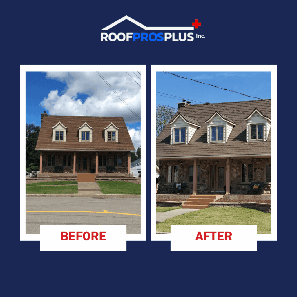 A split image of a house showing the "before" and "after" of a metal roofing renovation. The left side displays an older, plain brown roof, while the right side features a new metal roof. The background sky is clear in both sections. 