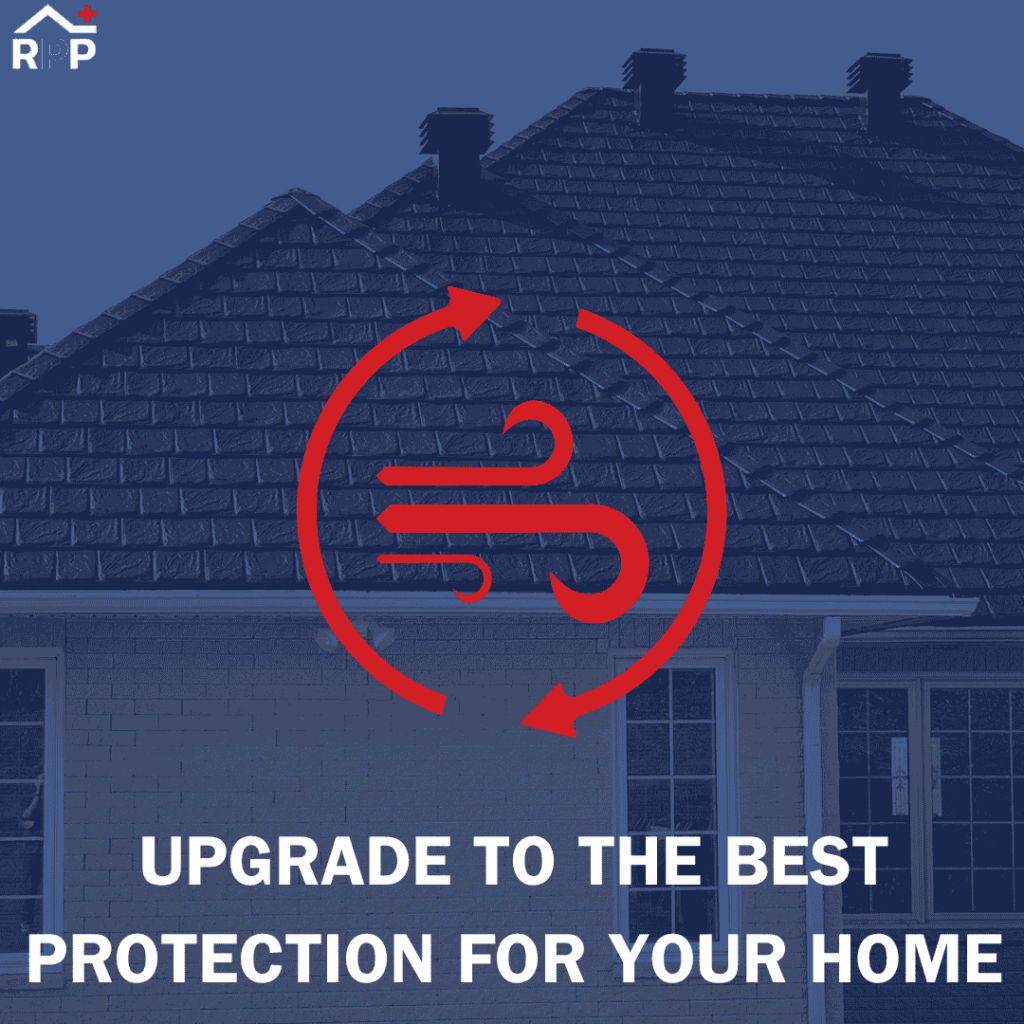Promotional graphic showing a dark metal roof, light brick house facade, and a large red circular arrow graphic containing a wind symbol above text reading "UPGRADE TO THE BEST PROTECTION FOR YOUR HOME."
