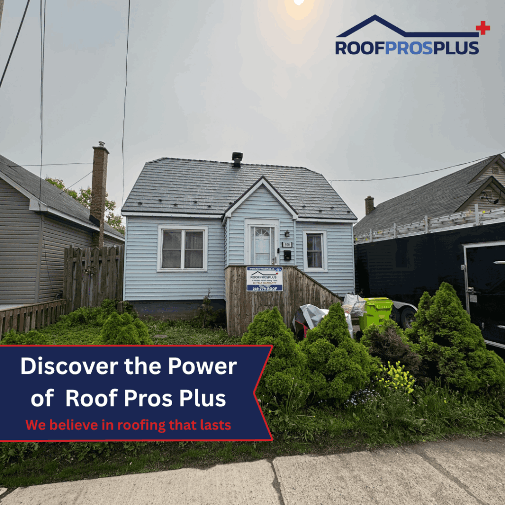 A small blue house with a new metal roof, surrounded by greenery. The Roof Pros Plus logo in the corner. Text on the graphic reads "Discover the Power of Roof Pros Plus. We believe in roofing that lasts."