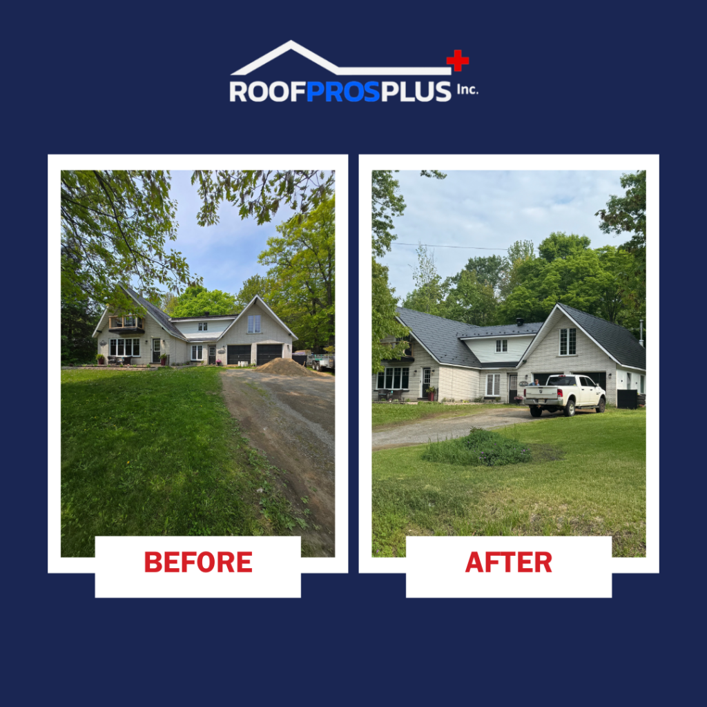 Before-and-after images of a house showing a roof replacement by Roof Pros Plus. The "before" shows an older roof; the "after" shows a new dark metal roof.