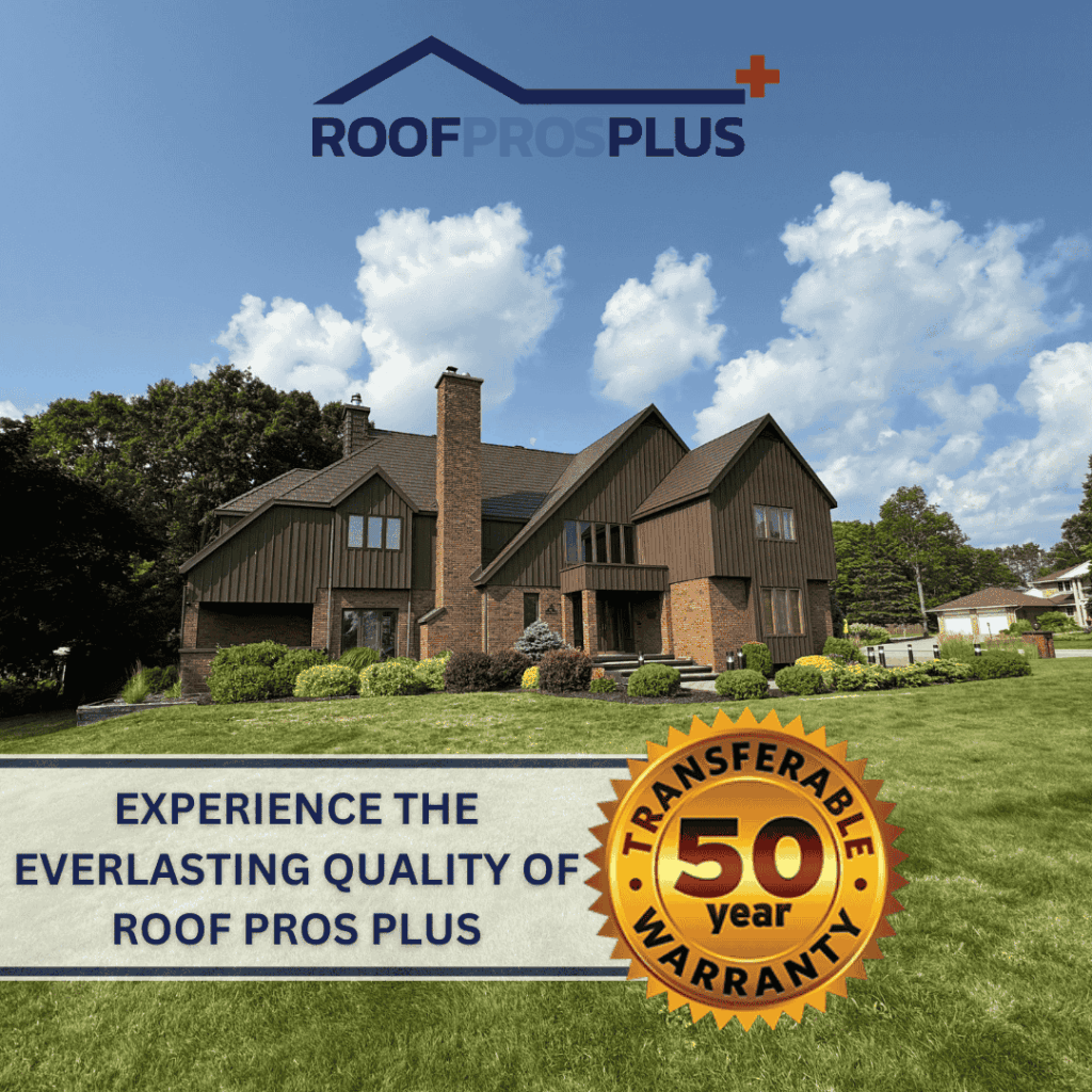 Promotional image showing a large brown house with a new metal roof under a blue sky, featuring the Roof Pros Plus logo and a 50-year transferable warranty badge.