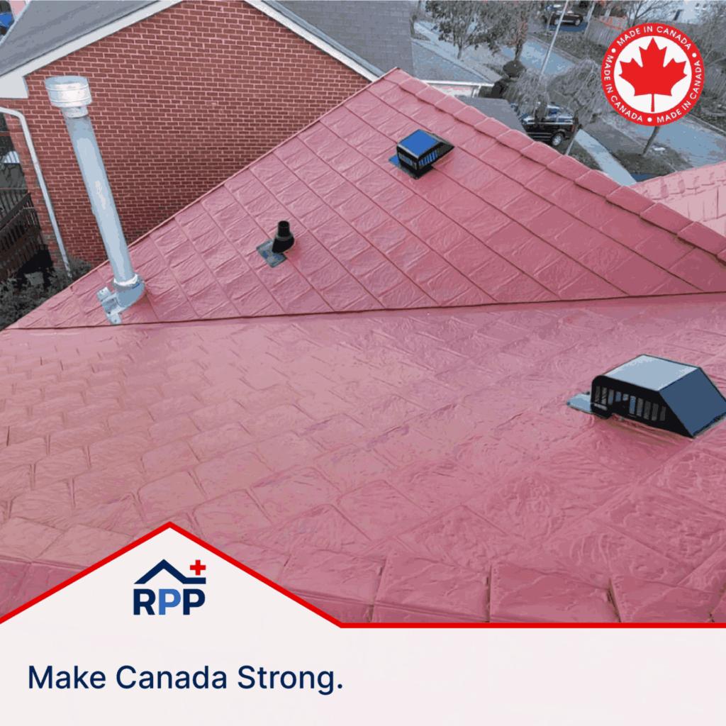 Red metal roof with ventilation structures, set against a residential background. "Made in Canada" maple leaf badge, RPP logo, and "Make Canada Strong" are in the forefront of the image.