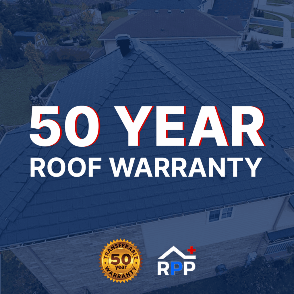 Aerial view of a residential roof with text overlay: "50 Year Roof Warranty" in bold red and white letters. Includes a transferable warranty seal and a logo with a house and the letters "RPP."