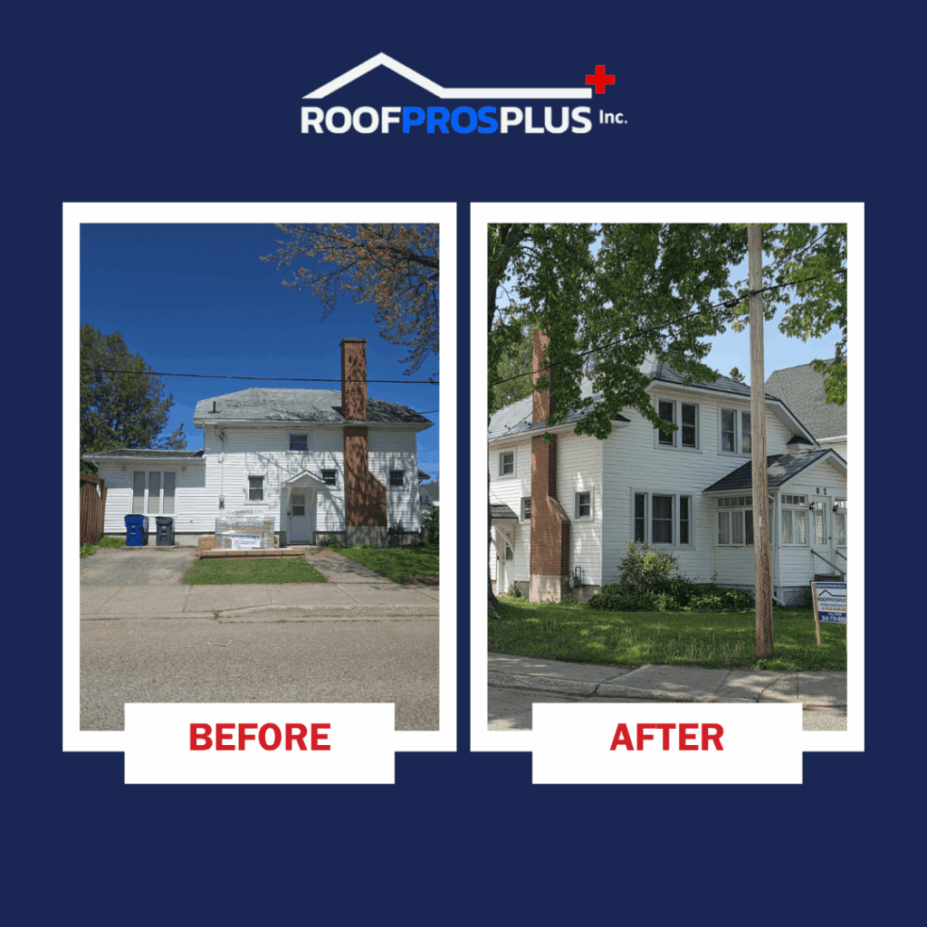 Side-by-side images of a house: the "Before" image shows a white house with an old roof; the "After" image features a new metal roof. The Roof Pros Plus logo is at the top of the graphic.