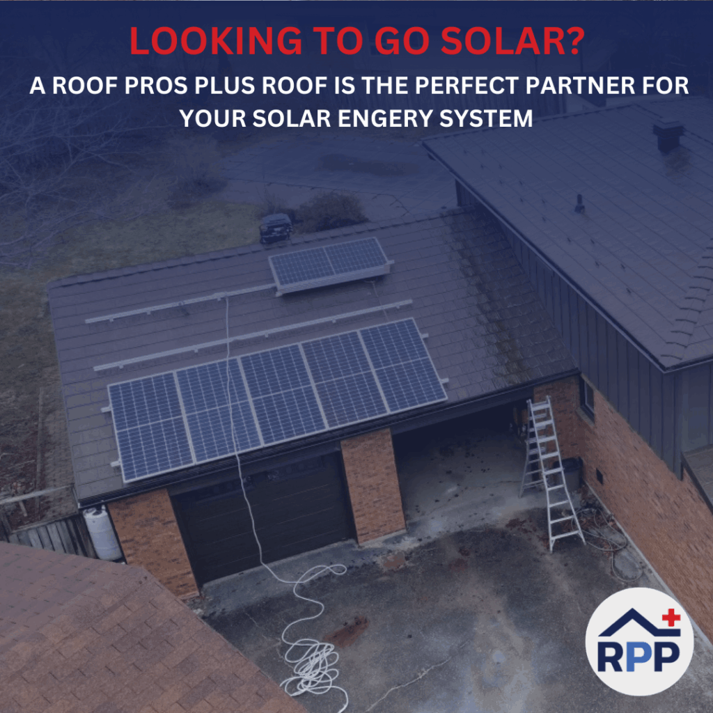 An aerial view of a house with solar panels on a brown metal roof. A ladder rests against the brick wall and text overlay promotes solar energy, with an RPP logo in the bottom right hand corner.