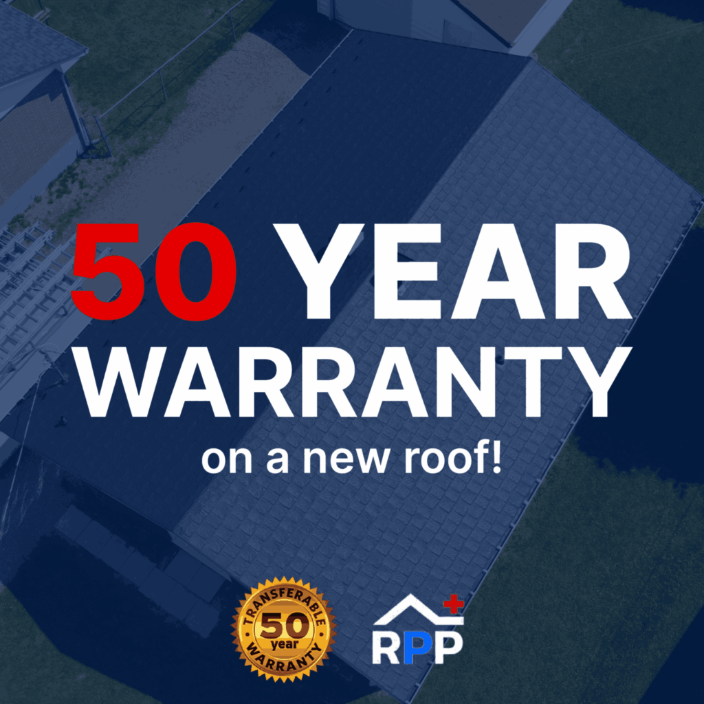 Aerial view of a metal roof with the overlaid text in bold: "50 Year Warranty on a new roof!" At the bottom of the graphic is a "Transferable 50-year Warranty" badge and an "RPP" logo.