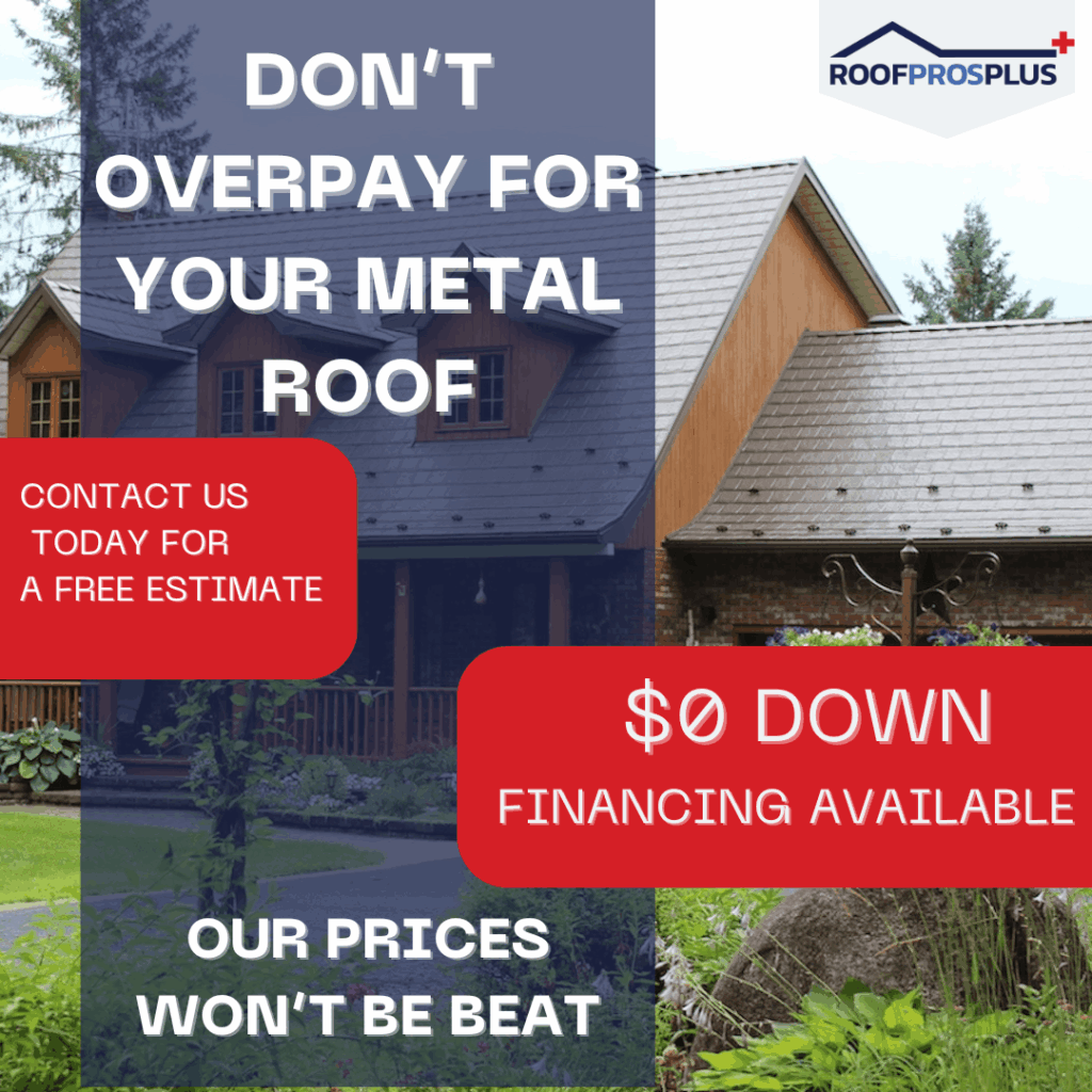 A house with a metal roof, surrounded by greenery, featuring text that highlights financing options.