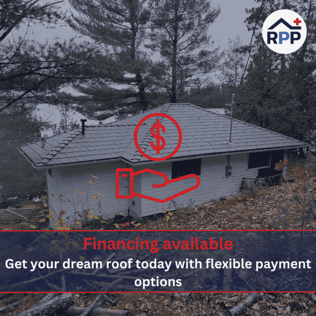 A house with a new metal roof surrounded by trees, overlaid with a dollar icon and a hand symbol. The text reads: "Financing available. Get your dream roof today with flexible payment options."The RPP logo is in the top corner.