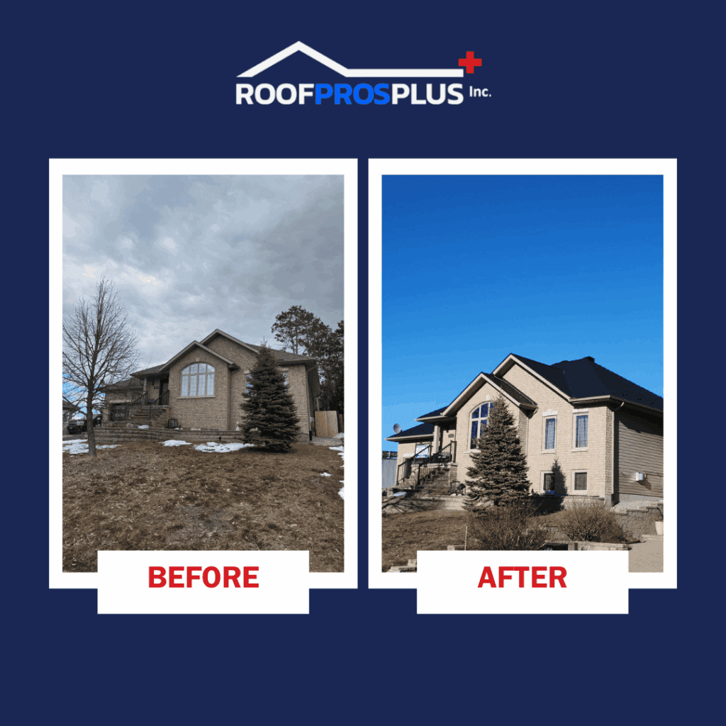 Roof Pros Plus before-and-after comparison showing a brick home with an older roof on the left and a new dark metal roof on the right. The transformation highlights the home's updated appearance and curb appeal.
