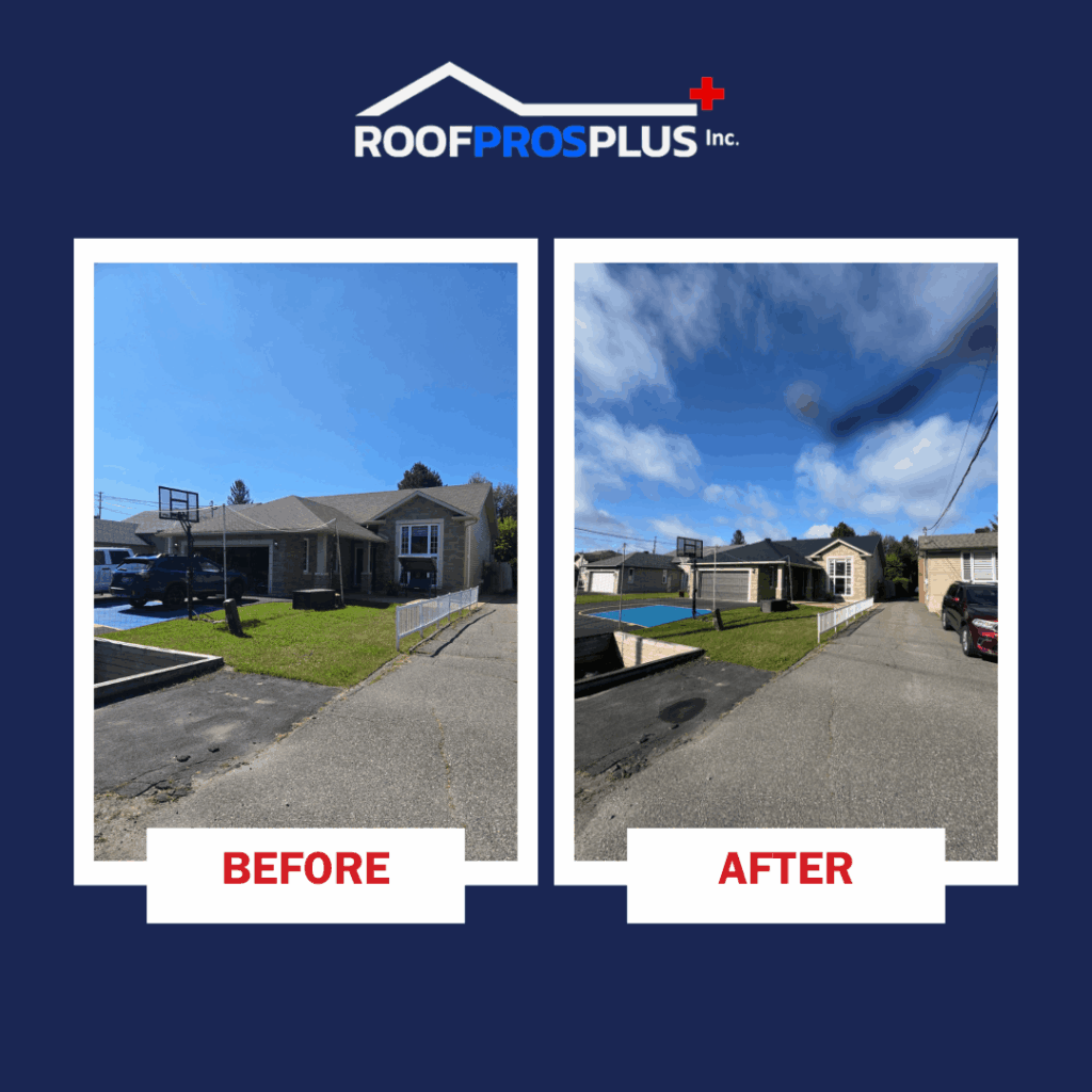 Side-by-side images of a roof before and after a Roof Pro Plus metal roosf installation, demonstrating effective restoration and aesthetic upgrade.