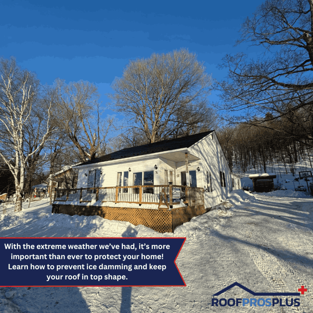 White single-storey home with a dark metal roof and wraparound deck surrounded by snow-covered ground and bare trees. An overlay highlights the importance of preventing ice damming and protecting your roof during winter weather.