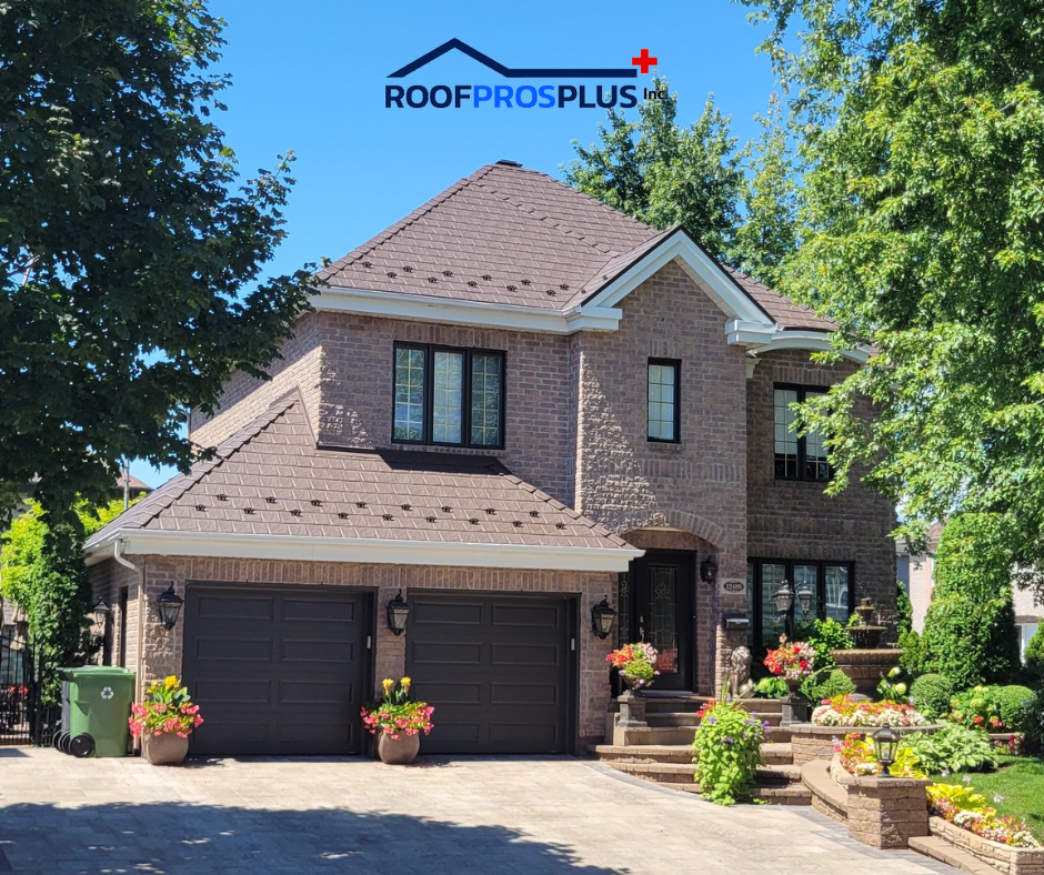 Stunning brick house with new metal roof installed by Roof Pros Plus