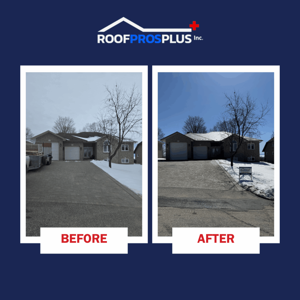 Before and after comparison of a roof upgrade by Roof Pros Plus Inc. The left image shows a dull roof under cloudy skies; the right image shows a clean, renovated metal roof under clear blue skies.