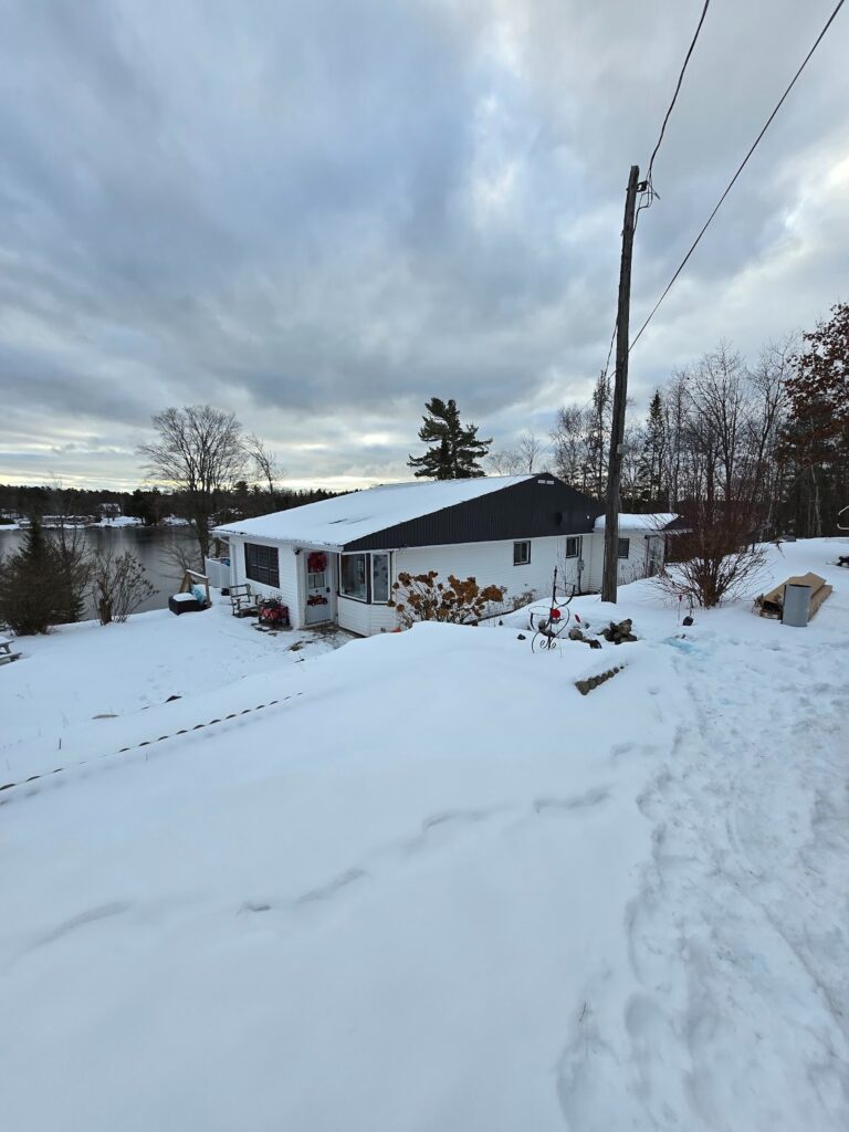 A snow-covered house stands amid bare trees by a frozen lake under a cloudy sky. The atmosphere is serene and wintry, with a path leading to the house.