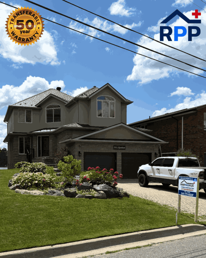 Two-storey home with a grey metal roof by Roof Pros Plus, company truck, lawn sign, and 50-year warranty badge.