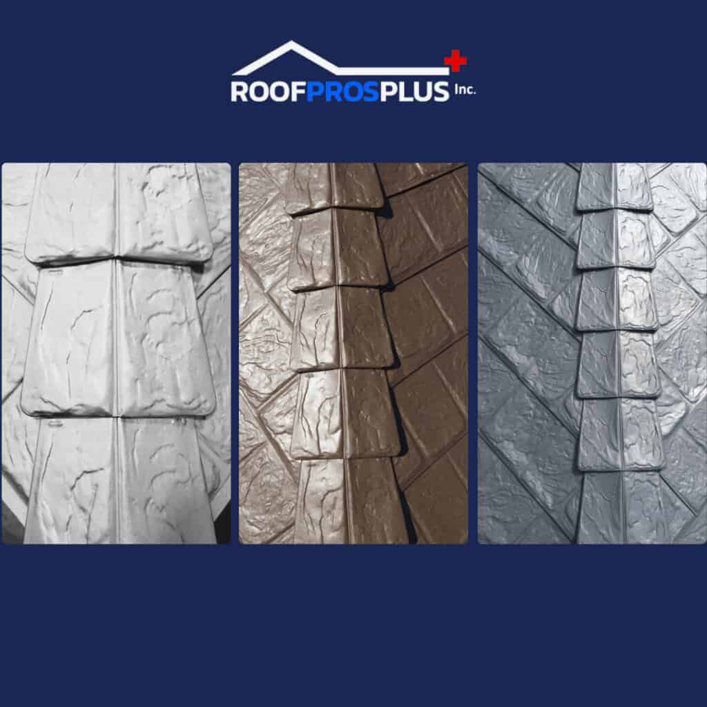 Three samples of textured metal roofing materials in grey, brown, and silver colors, displayed on a dark blue background with the Roof Pros Plus logo.