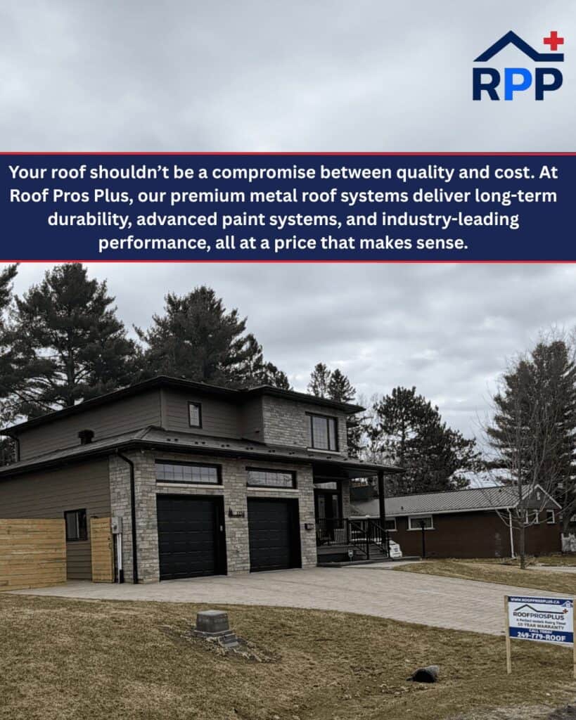 Modern two-story house with a metal roof, stone and wood exterior, featuring a driveway, two black garage doors, and a sign for Roof Pros Plus.
