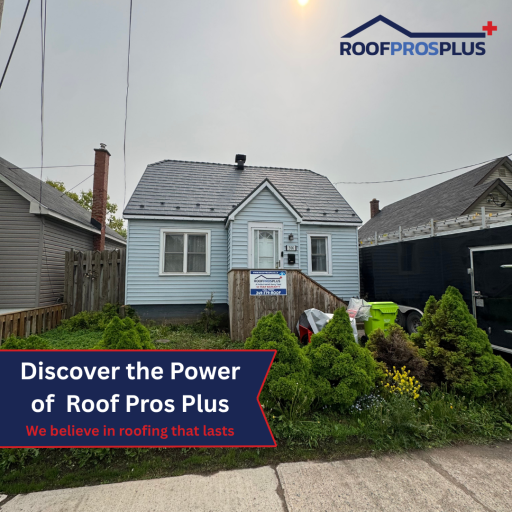A cozy blue house with a new metal roof is featured. The "Roof Pros Plus" logo is in the top right hand corner with text at the bottom of the graphic reading "Discover the Power." Lush green shrubs add vibrancy.