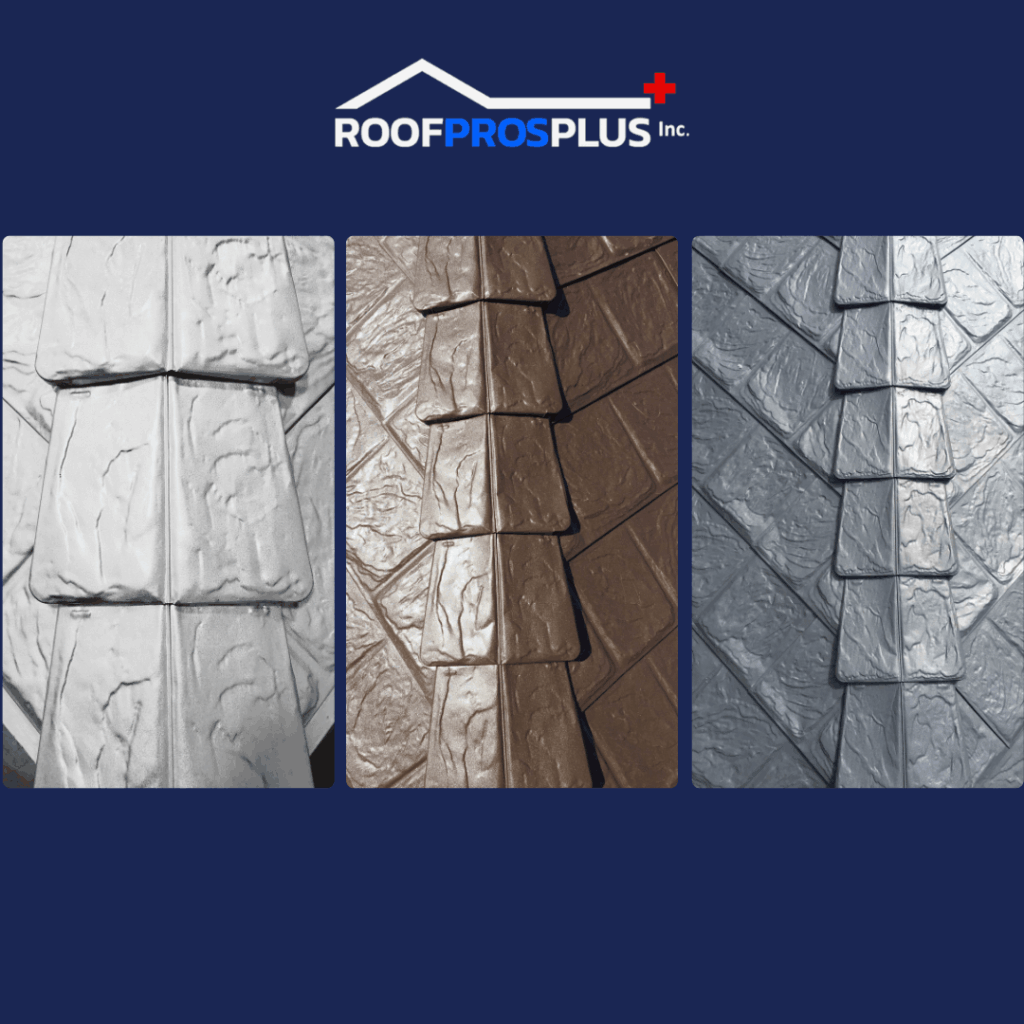 Three panels display textured metal roof tiles in white, brown, and grey against a dark blue background with the "Roof Pros Plus Inc." logo above it.