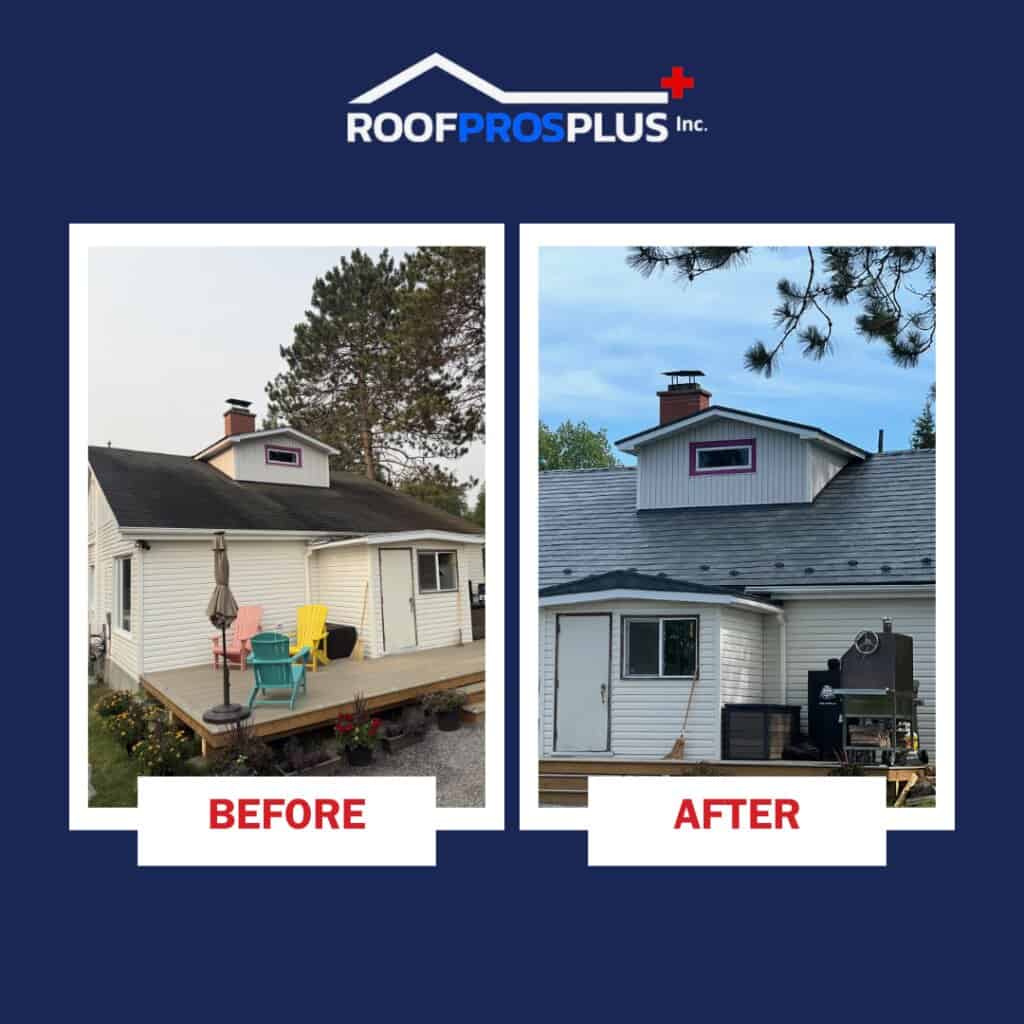 House roof renovation before and after with new metal roofing installation.