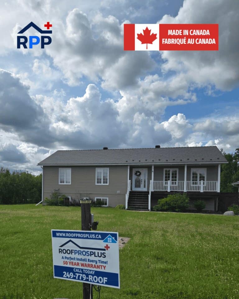 Grey steel roof installed by Roof Pros Plus on an Ontario home, featuring a Canadian-made metal roofing system designed for long-lasting durability and superior weather protection.