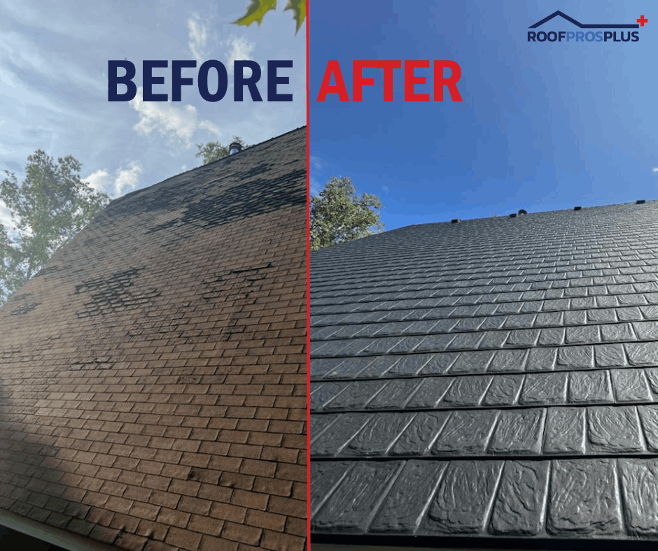 Side-by-side comparison showing a roof before and after a metal roof upgrade. The left side is worn and damaged, while the right is newly shingled and clean.