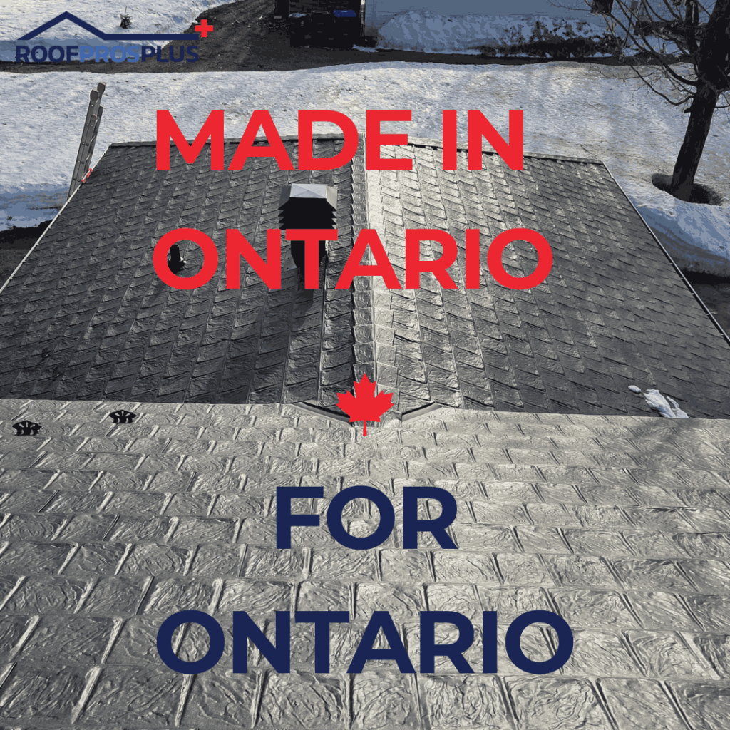Rooftop with snow around the house. The text reads "Made in Ontario, For Ontario" in red and blue, with a small red maple leaf accent in the middle of the text.