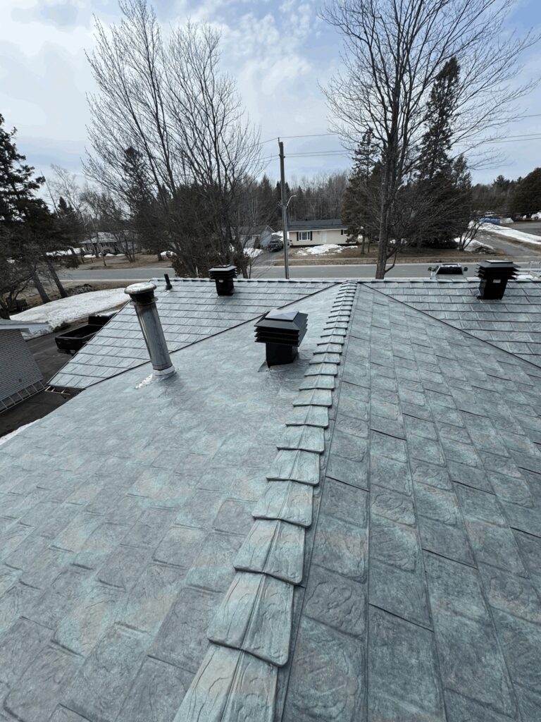 Gently sloped grey metal roof with textured tiles and vents under an overcast sky. Bare winter trees and suburban homes are visible in the background.
