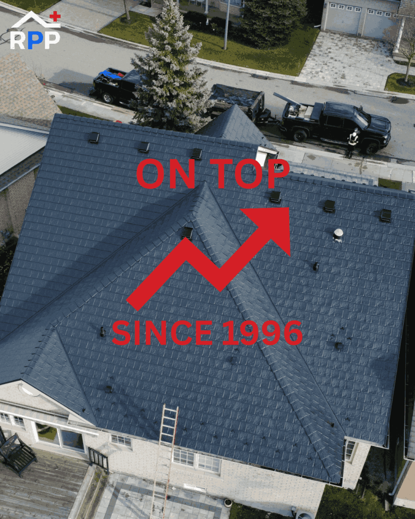 Aerial view of a house roof with red text "ON TOP SINCE 1996" and an upward arrow overlay. Trucks are parked on the street.