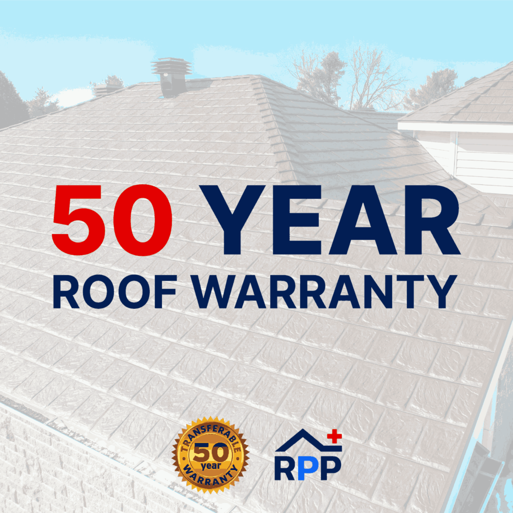 A metal roof with grey shingles and a chimney, overlaid with text "50 Year Roof Warranty." Includes warranty seal and RPP logo, conveying reliability.